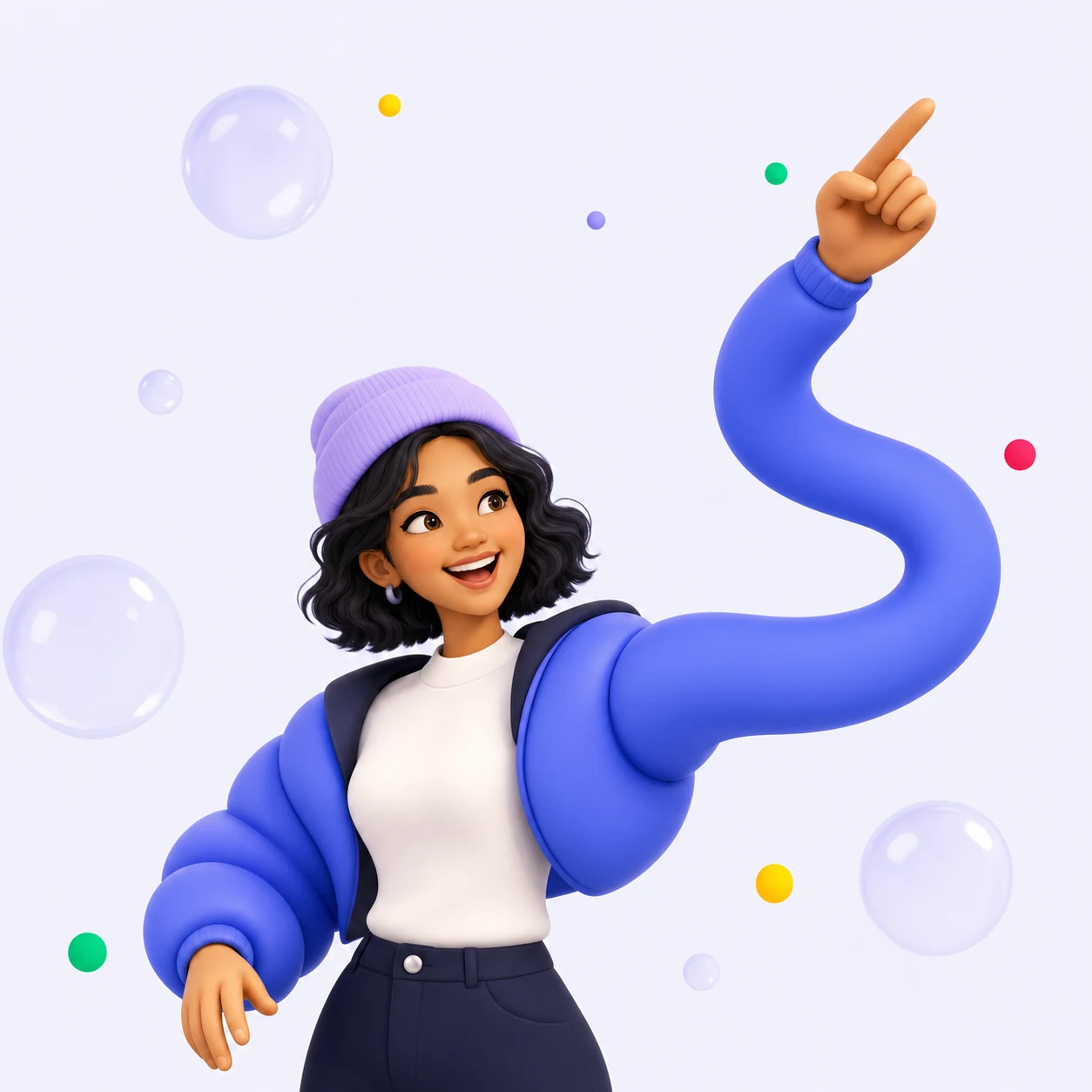 A joyful maker in a colorful 3D illustration points upward with a playful ribbon-like sleeve.